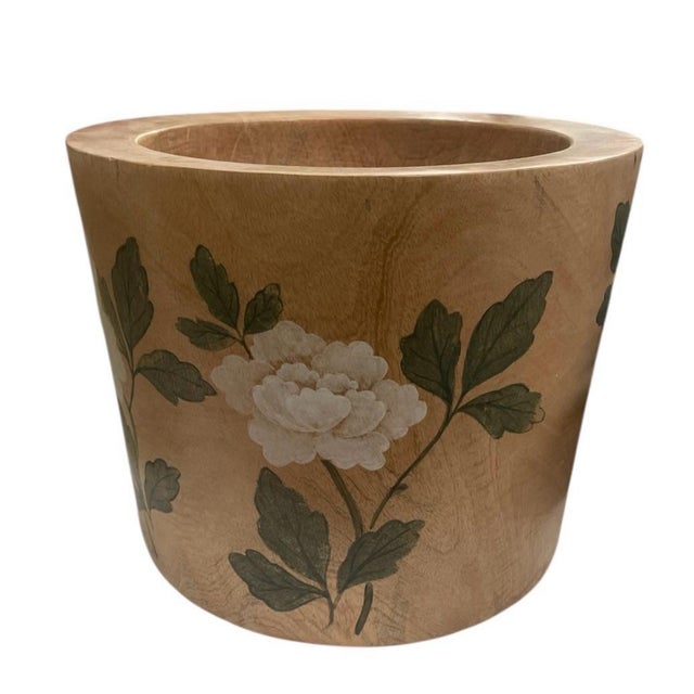 Hand-Painted Floral Wood Cachepot With Peony Motif For Sale - Image 4 of 8