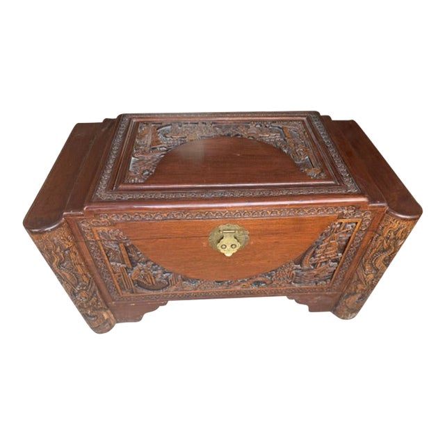 Early 20th Century Chinese Camphor Carved Wood Chest For Sale