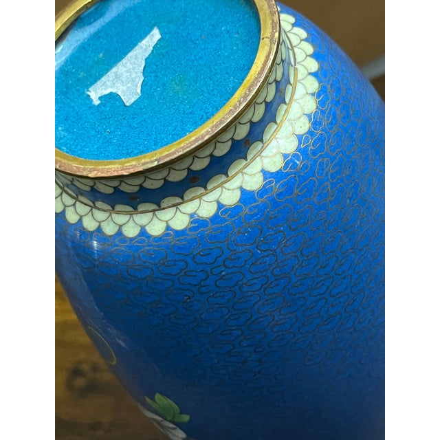 Metal Vintage Chinese Blue Cloisonné Enamel Vase With Morning Glory Flowers, 10 Inches For Sale - Image 7 of 8