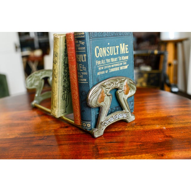 Brass Art Nouveau Brass Bookends Book Rack Adjustable Length Telescoping Judd Co. Twin Maidens For Sale - Image 8 of 10