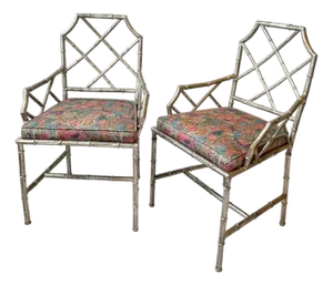1980s Italian Silver Leaf Faux Bamboo Chairs - a Pair