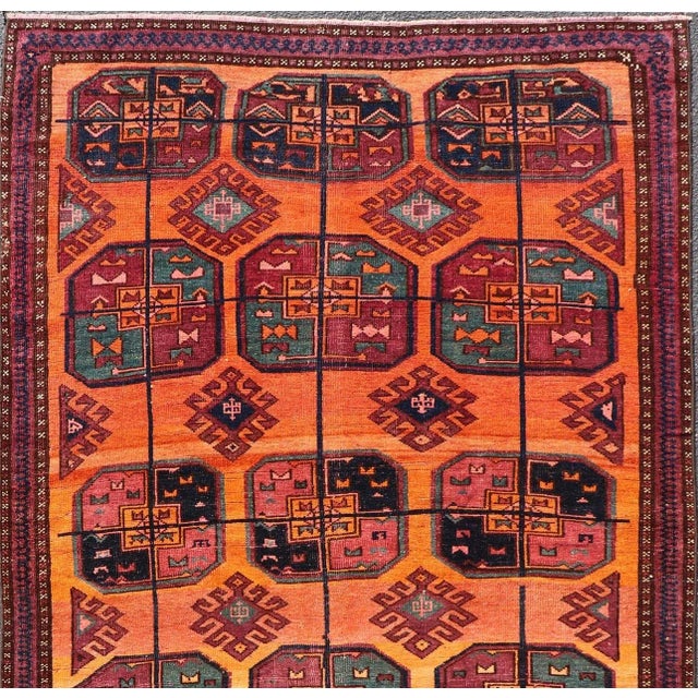 Vintage Wool Ersari Rug in Wool With Gul Design in Orange, Blue, and Brown 5'0 X 8'10 For Sale - Image 4 of 12