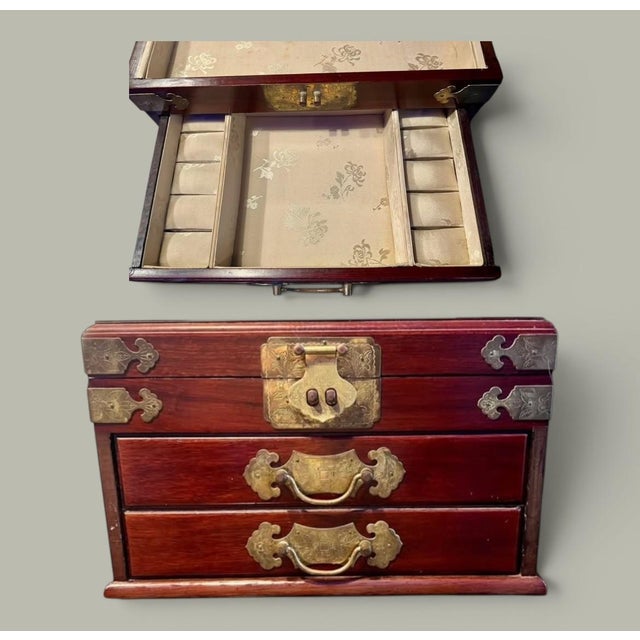 Red Chinese Rosewood Jewelry Box-Brass Hardware-Silk Lined-Trinket Chest-Asian-Decor For Sale - Image 8 of 11