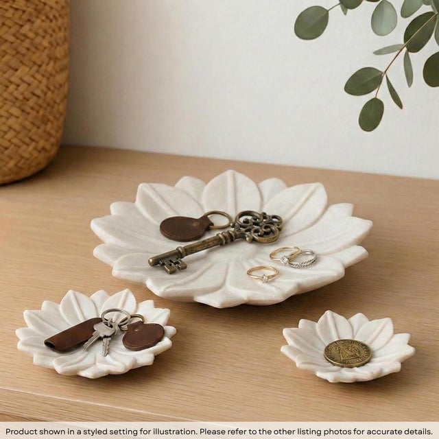 Far Pavilions 1980s Set of 3 Hand Carved White Marble Lotus Bowls | Decorative Stone Jewelry Catchall Trays | Elegant Flower Centerpiece & Home Decor Gift For Sale - Image 4 of 4