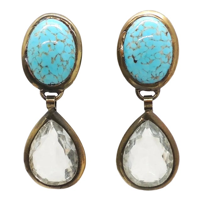 Vintage Signed Pellini Italy Faux-Turquoise Clear Rhinestone Drop Clip Earrings For Sale