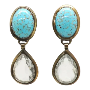 Vintage Signed Pellini Italy Faux-Turquoise Clear Rhinestone Drop Clip Earrings