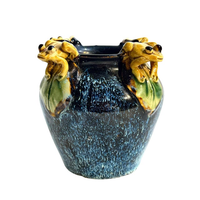 Vintage Italian Majolica Frog-Handle Cachepot Planter | Blue Glazed Pottery Vase, 4” For Sale - Image 10 of 10