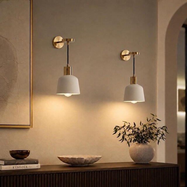 Handmade Brass Wall Sconce With White Shade | Mid-Century Modern Hallway Lighting For Sale - Image 9 of 13