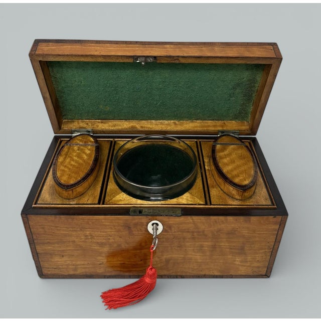 Traditional Antique English Satinwood Wooden Georgian Regency Double Tea Caddy 19th Century For Sale - Image 3 of 10