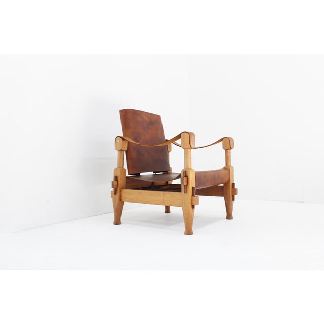 1960s Vintage Brutalist Safari Armchair in Wood and Cognac Leather, 1960s For Sale - Image 5 of 9