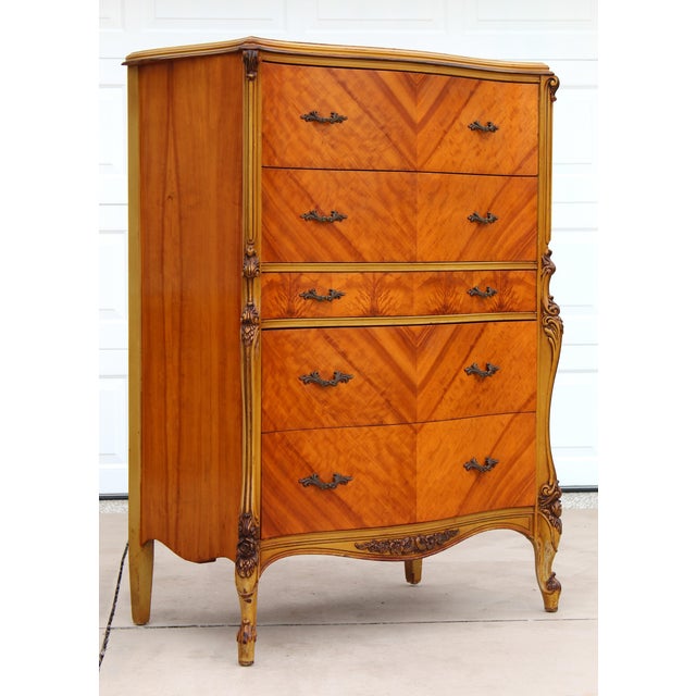 Magnificent Vintage French Provincial Louis XV Rococo Satinwood & Burl Wood Vanity and Tall Boy Chest Set For Sale - Image 9 of 18
