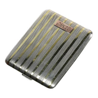 Wonderful Engine Turned Art Deco Antique Sterling Silver 14k Gold Cigarette Card Case For Sale