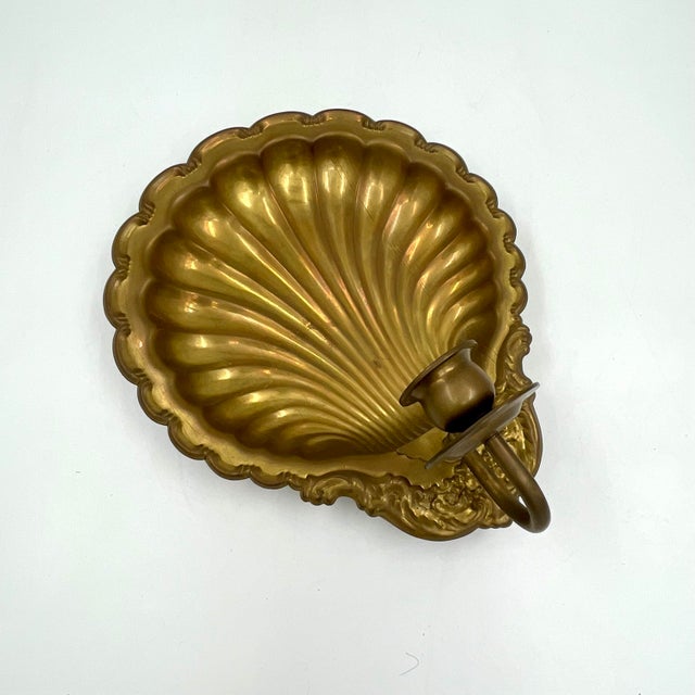 Hollywood Regency Vintage Brass Scallop Shell Candle Wall Sconce For Sale - Image 3 of 10
