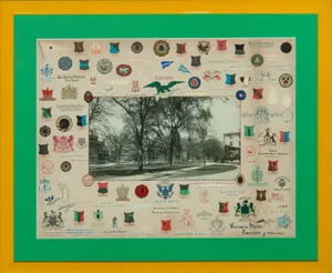 Letterhead Crests Surrounding B&W Photo of Harvard Yard