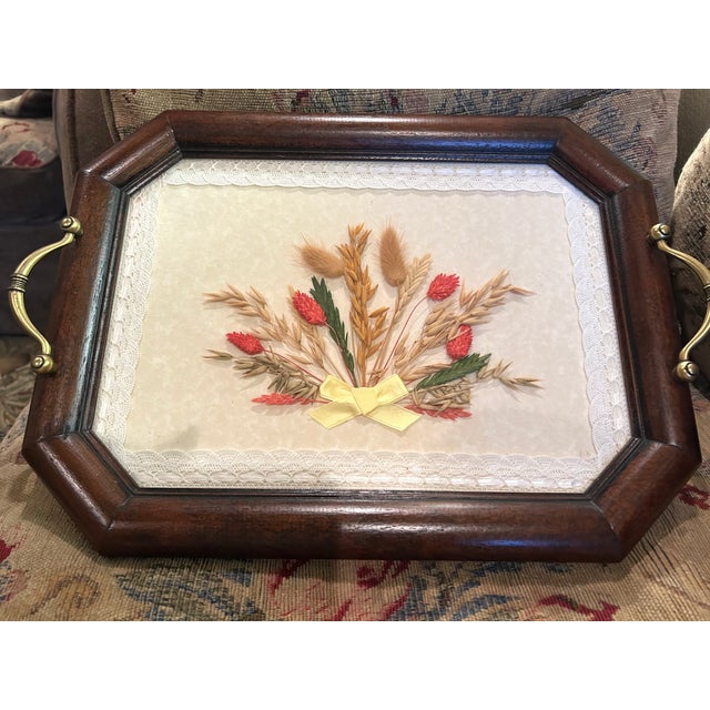 Octagonal mahogany tray with brass handles, featuring a real dried flower bouquet under sealed surface.
