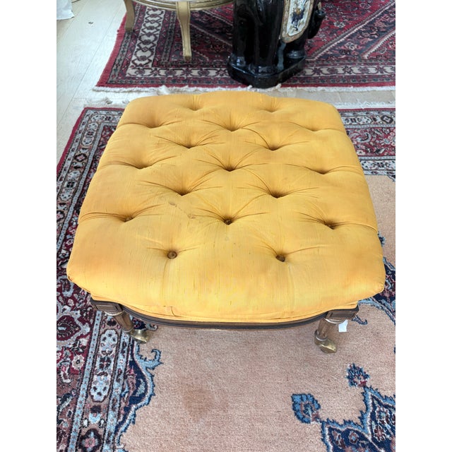 Vintage Louis XVI Style Tufted Gold Ottoman With Brass Paw Feet For Sale - Image 9 of 10