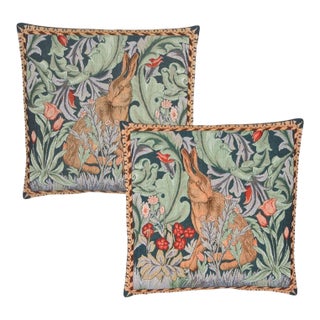 Pair of Morris Hare Tapestry Cushions With Feather Filler - 46x46cm For Sale