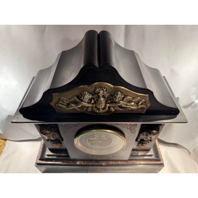 19th Century 19th Century French Stone Mantel Clock With Greco Roman Motifs & Open Escapement For Sale - Image 5 of 10