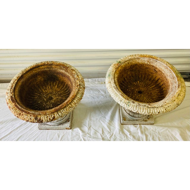 Large Pair Antique White & Rust Neoclassical Iron Garden Planters Early 20th Century For Sale - Image 9 of 10