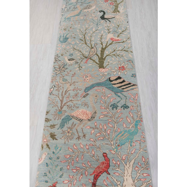 2.6x12ft. Light Blue Peacock Bird Garden Hand Knotted Wool Rug For Sale - Image 10 of 17