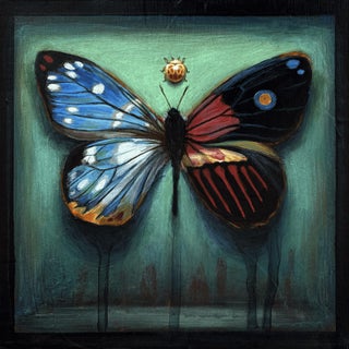 Hybrid Butterfly 44 by Stacy D'Aguiar | Acrylic on wood depicting a colorful butterfly with patterns. For Sale