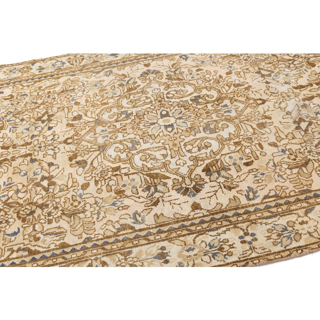 Traditional Vintage Hand-Knotted Neutral Medallion Area Rug in Warm Camel, Ivory & Slate Blue For Sale - Image 3 of 10