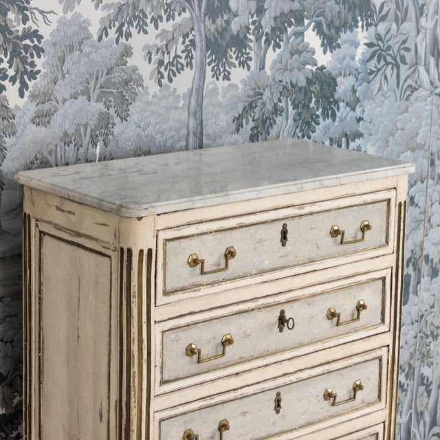 18th C. French Painted Tall Chest of Drawers With Original Marble Top For Sale - Image 13 of 16