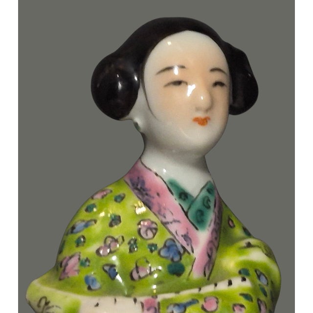 Chartreuse Vintage Asian Chinese Famille Rose 8.5'' High Hand Painted Porcelain Figurine For Sale - Image 8 of 9