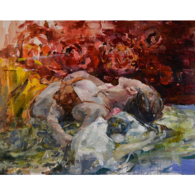 This oil on canvas artwork captures a figure reclining with an air of tranquility, surrounded by a rich backdrop of...