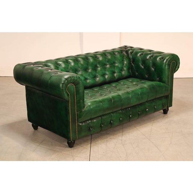High Quality Tufted Green Leather Sofa or Loveseat with Brass Tack Trim, Mounted on Turned Feet