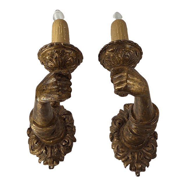 Pair of Baroque Wood Gilt 17th Century Italian Hand Carved Arm Sconces For Sale