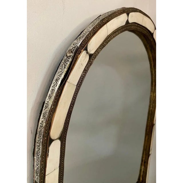 White Hollywood Regency Style Handmade Arched White Bone & Brass Inlay Mirror, Pair For Sale - Image 8 of 10