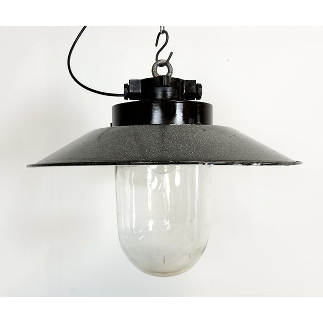 Gray Industrial Grey Enamel Factory Hanging Lamp, 1960s For Sale - Image 8 of 14