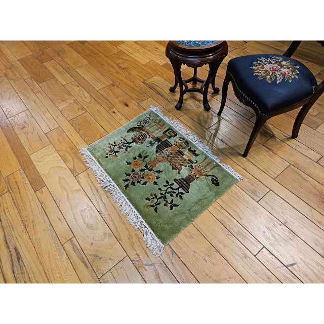 Pair of Vintage Chinese Art Deco Pictorial Rugs, Silk & Wool, Vase Motif, 2' x 3' For Sale - Image 10 of 12