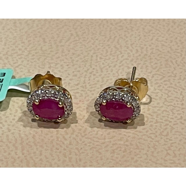 2010s 1 Carat Oval Natural Ruby and Diamond Stud Post Earrings 14 Karat Yellow Gold For Sale - Image 5 of 18