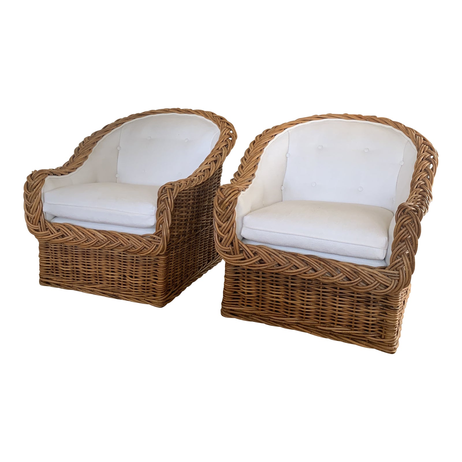 The Wicker Works Natural Braided Wicker With White Upholstery Club