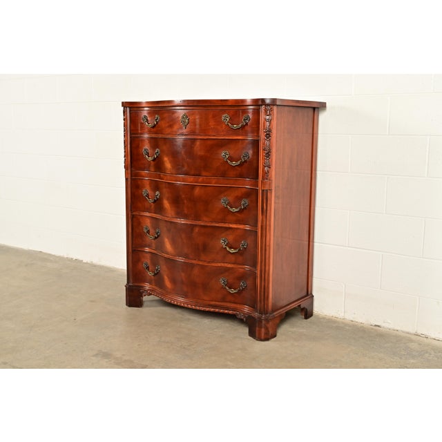 English Century Furniture Georgian Carved Flame Mahogany Serpentine Front Five-Drawer Highboy Dresser | Circa 1950s For Sale - Image 3 of 15