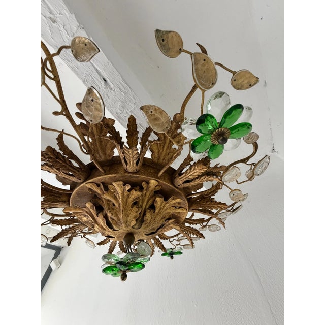 1940s Flush Mount Maison Baguès Crystal Green Flowers Leaves Chandelier 9 Lights For Sale - Image 5 of 11