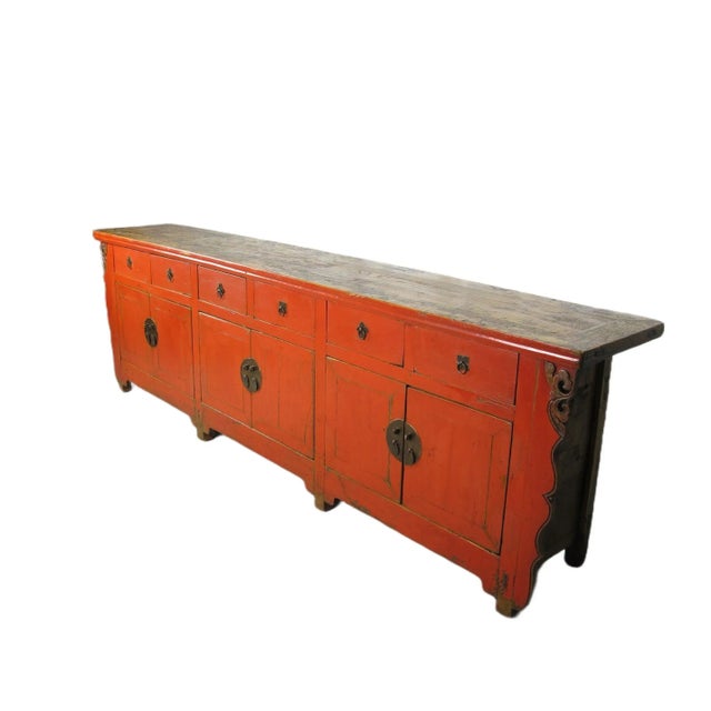 Late 19th Century 9 Feet Long Red Antique Chinese Buffet Sideboard Cabinet For Sale - Image 5 of 12