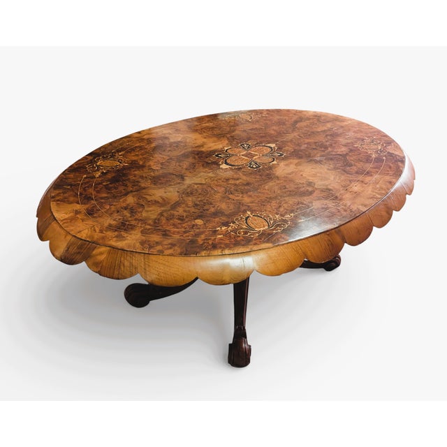 Antique Oval Burlwood Coffee Table With Marquetry Inlay and Scalloped Edge For Sale - Image 4 of 16