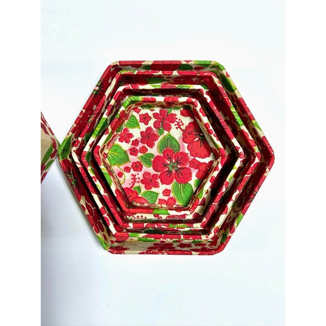Set of 4, Antique Folk Art Nesting Boxes Covered in Floral Cotton Textile, Early 20th Century For Sale - Image 9 of 9