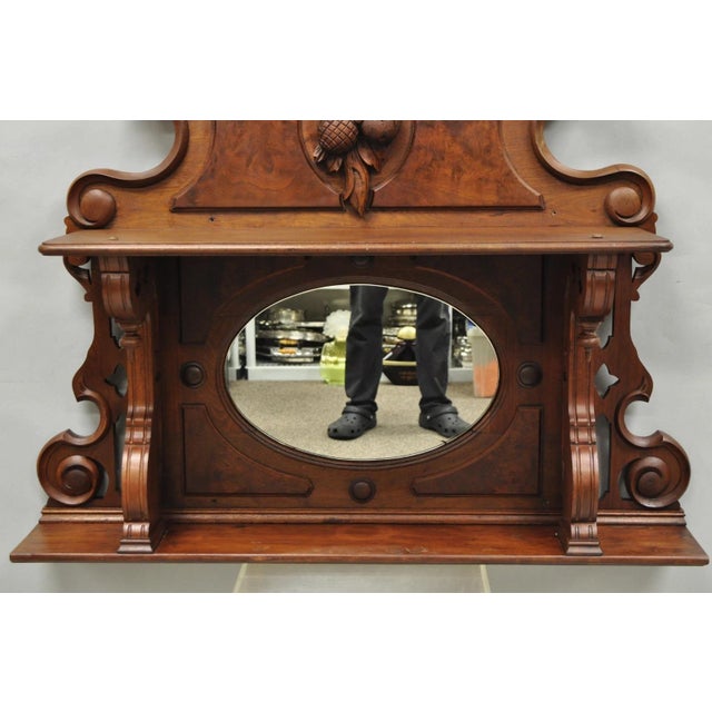 Brown Antique Eastlake Victorian Carved Walnut Oval Mirror Sideboard Backsplash Shelf For Sale - Image 8 of 18