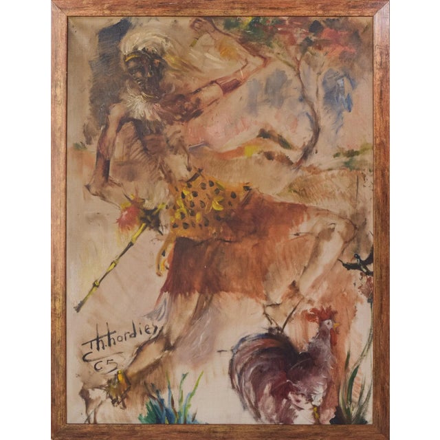 African Dancing Warrior with Cockerel, Mid-20th Century, Oil on Canvas For Sale - Image 12 of 12