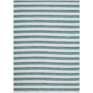 Outdoor Cabana Stripe Rug in Teal Ivory, 2x3 For Sale