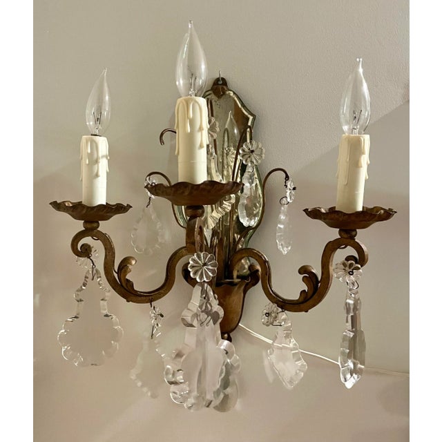 Early 20th Century Pair of French 3-Arm Candelabra Crystal Mirror Sconces For Sale - Image 9 of 13
