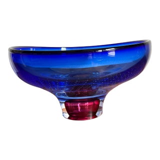 Signed Göran Wärff Kosta Boda Cobalt Blue & Ruby Art Glass Centerpiece Bowl For Sale