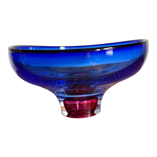 Signed Göran Wärff Kosta Boda Cobalt Blue & Ruby Art Glass Centerpiece Bowl For Sale