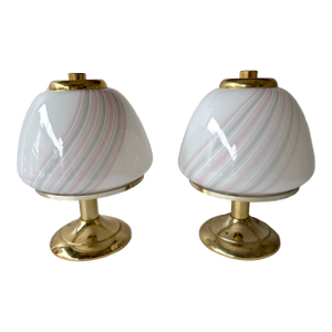 Pair of Mushroom Lamps Brass and Murano Glass by F. Fabbian, Italy, 1970s