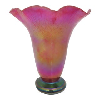 Donald Carlson Iridescent Art Glass Ruffled Trumpet Vase For Sale