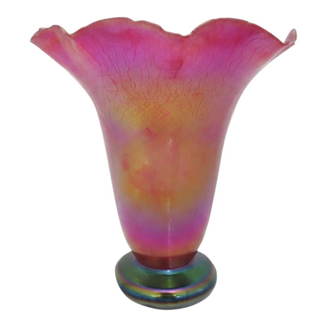Donald Carlson Iridescent Art Glass Ruffled Trumpet Vase For Sale